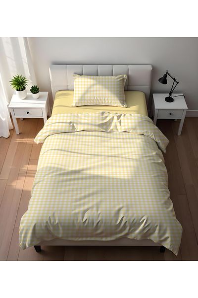 Evmila Διπλής όψης Κίτρινο Gingham Pattern - Σετ Παπλωματοθήκη με στάμπα