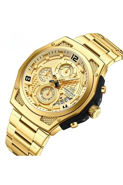 Naviforce Men’s Gold Chronograph Stainless Steel Watch with Multi-Function Subdials and Luminous Hands