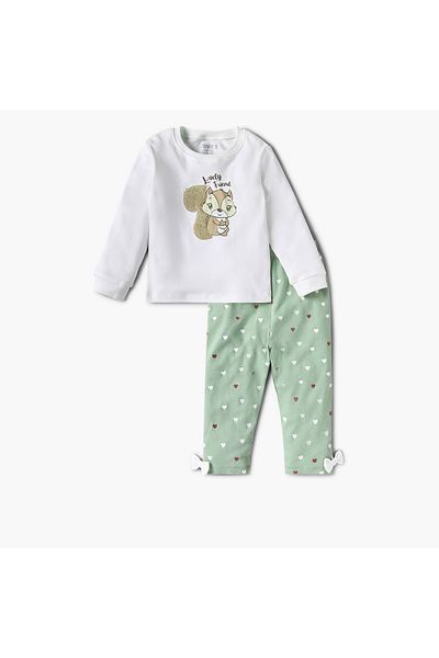 Juniors Squirrel Applique Long Sleeves T-shirt and Pyjama Set