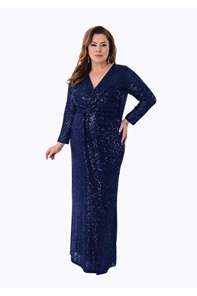 LİLAS XXL 2507 Büyük Beden Önü Geçmeli Vyaka Pulpayet Uzun Elbise