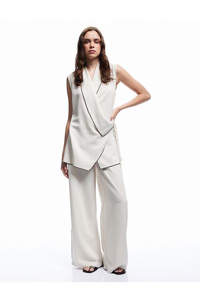 Koton Linen Blend High Waist Wide Leg Pants with Side Stripes and Slit Detail