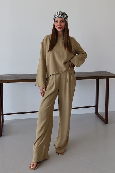 Laluvia Khaki Marisol Blouse Pants Suit - 8760