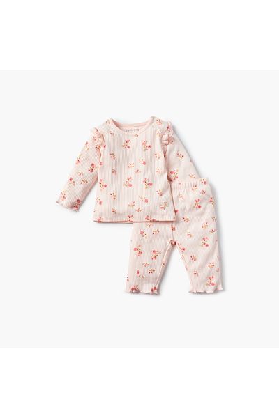 Juniors Floral Print Long Sleeves T-shirt and Elasticated Pyjama Set