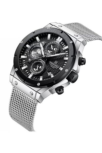 Naviforce Luxury Chronograph Watch – 45mm Dial, Stainless Steel Mesh Strap, Date Display, Water Resistant