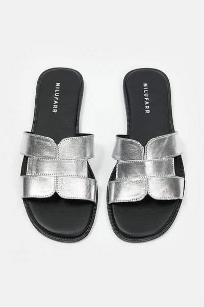 NILUFARR Γυναικείες φλατ παντόφλες Emilia Silver από γνήσιο δέρμα