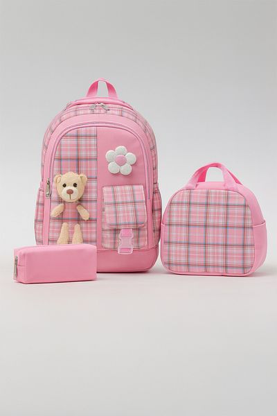 KAFF 01127 Fuchsia Korean Style Water Resistant Fabric 3-Piece Bag-Lunch-Pencil Case Girls' Primary School Bag