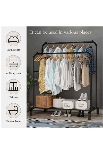 COOYA Clothes Drying Rack Double Rod Drying Rack Indoor Bedroom Drying Rack with Shelves (Black)