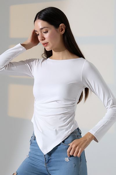 Endies Boat Neck Long Sleeve Basic Women's Blouse with Gathered Sides and Asymmetrical Cut 22017 White