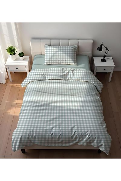 Evmila Διπλής όψης Μπλε Gingham Pattern - Σετ Παπλωματοθήκη με στάμπα