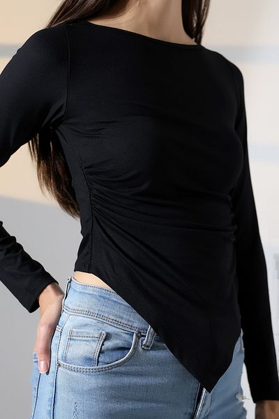 Endies Boat Neck Long Sleeve Basic Women's Blouse with Gathered Sides and Asymmetrical Cut 22017 Black