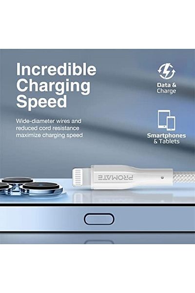 Promate كابل بروميت USB-A إلى Lightning، شحن USB-A متين بقوة 10 وات مع نقل بيانات بسرعة 480 ميجابت في الثانية، و100 سم أمبير