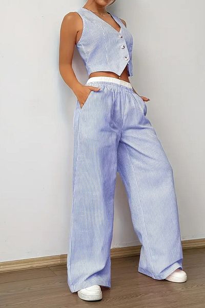 The Champ Clothing Women's Striped Poplin Woven Double Suit – Buttoned Crop Vest & Wide Leg Trousers Summer Casual Model