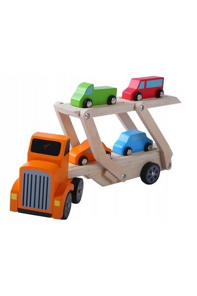 SMARTIC Set camion cu platforma si 4 masinute colorate, +3 ani, Smartic, Lemn, 31x7x16.5 cm, multicolor