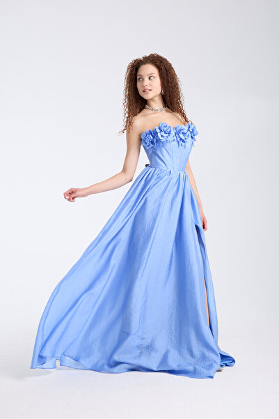 meksila kadın palenli çiçek detaylı uzun hafif kabarık yırtmaçlı düğün davet nişan abiye elbise