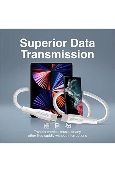 Promate كابل USB-C إلى USB-C، كابل شحن سريع من النوع C ممتاز بقوة 60 وات مع مزامنة بيانات بسرعة 480 ميجابت في الثانية و100