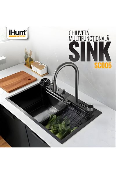 iHunt Chiuveta multifunctionala iHunt SC005, cascada apa, display LED cu afisaj electronic, sistem spalare