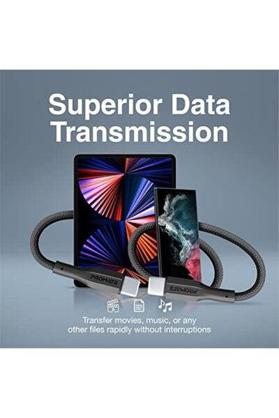 Promate USB-C to USB-C Cable, Premium 60W, Fast Charging Type-C Cable with 480Mbps Data Sync and 100