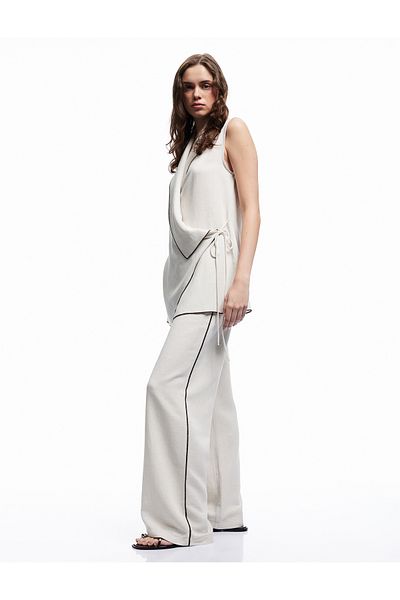 Koton Linen Blend High Waist Wide Leg Pants with Side Stripes and Slit Detail
