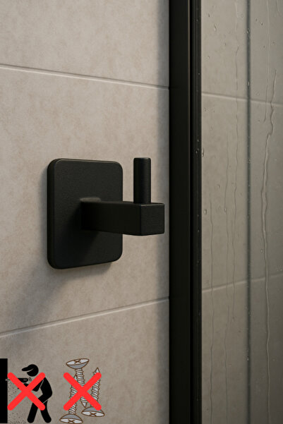 MultiStore Siyah Kare Yapışkanlı Metal Tekli Kanca Bornoz Banyo Askısı