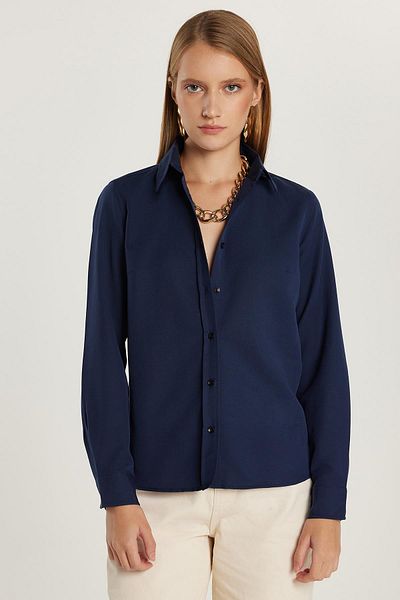 Tudors Cămașă de bază pentru femei, slim fit, cu mânecă lungă, din bumbac, cu textura, albastru bleumarin