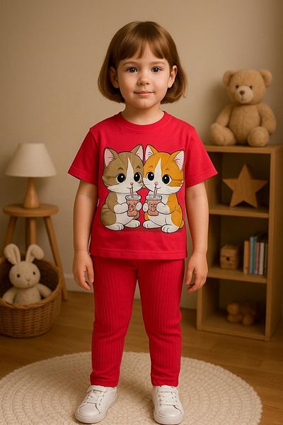 MİNYON BABY Girls' Bottom-Top Leggings Cat Printed Set