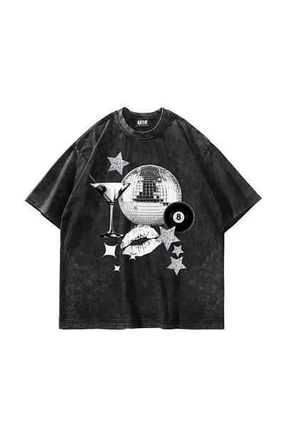 Sekizbiraltı Martini Disco Printed Oversize Unisex Πλενόμενο Μαύρο Tshirt