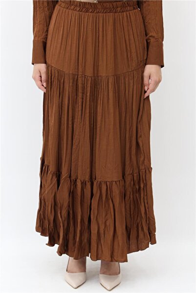 Yaqa Krinkıl Kumaş Cindrella Etek - Kahve