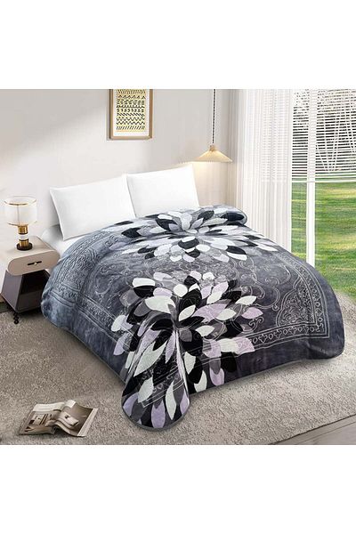 FIONNA.RO Thick Double Blanket Royal Embroidery Pattern - Gray With Abstract Leaves