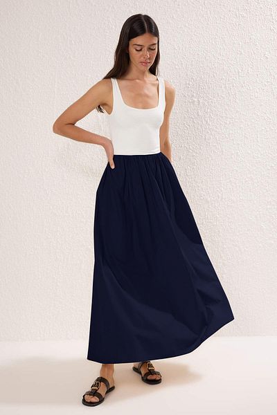Trendyol Collection Navy Blue Color Block Midi Woven Dress Twoss25El00867