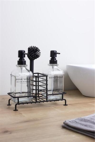 Okyanus Home Siyah Pompalı Fırçalı ve Standlı İkili Kare Cam Sıvı Sabunluk 500ml