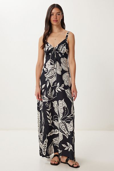 Happiness İstanbul Rochie de vară midi din viscoză cu model os negru pentru femei RG00060
