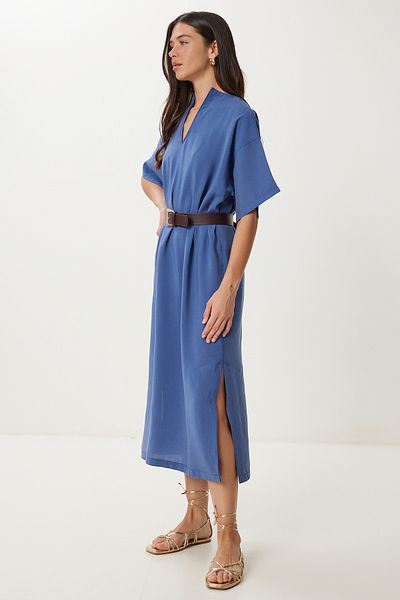 Happiness İstanbul Women's Indigo Blue Belted Slit Summer Modal Dress No00028