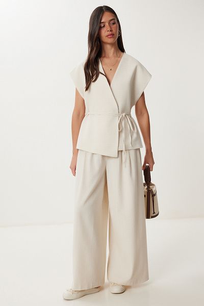 Happiness İstanbul Women's Cream Linen Vest Pants Suit No00020
