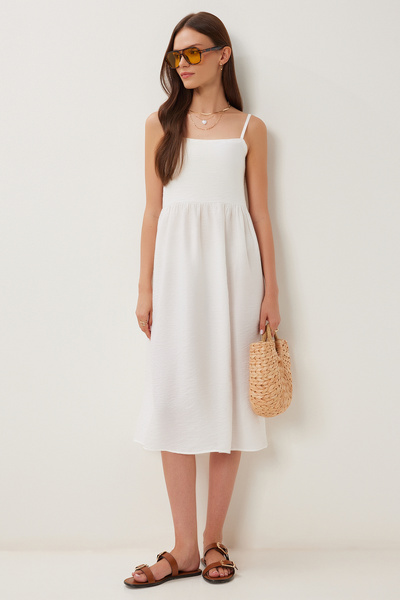 Happiness İstanbul Women's Ecru Strap Summer Midi Ayrobin Dress Dd01357