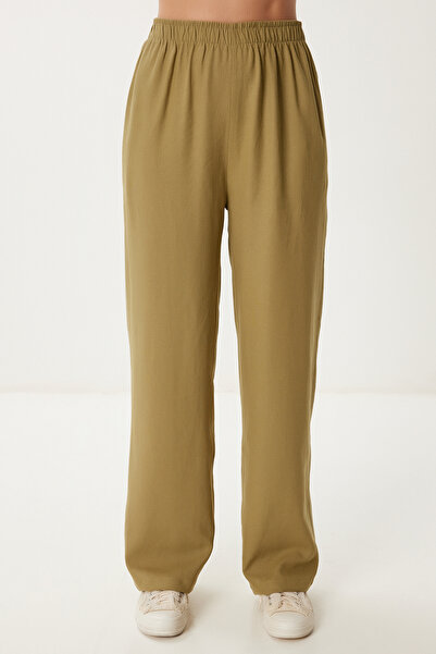 Happiness İstanbul Női khaki fűzős részletes vászon mellény nadrág szett NO00026