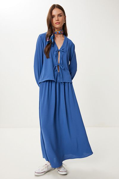 Happiness İstanbul Women's Indigo Blue Tie Detail Ayrobin Blouse Skirt Suit Dd01356