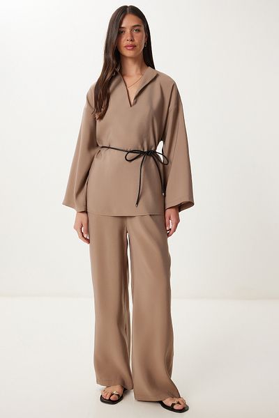 Happiness İstanbul Women's Mink Lacing Detailed Modal Blouse Pants Suit No00027