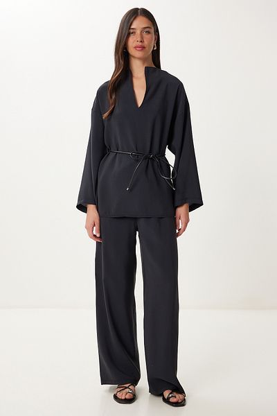 Happiness İstanbul Women's Black Tie Detail Modal Blouse Pants Set No00027