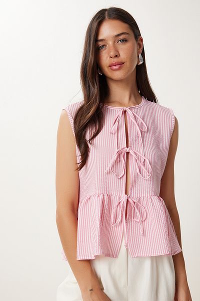 Happiness İstanbul Rosa Knochen gestreifte Volant-Schnürung detaillierte gewebte Bluse für Frauen DD01358
