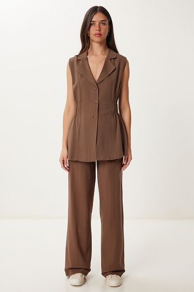 Happiness İstanbul Women's Brown Linen Vest Pants Suit No00025