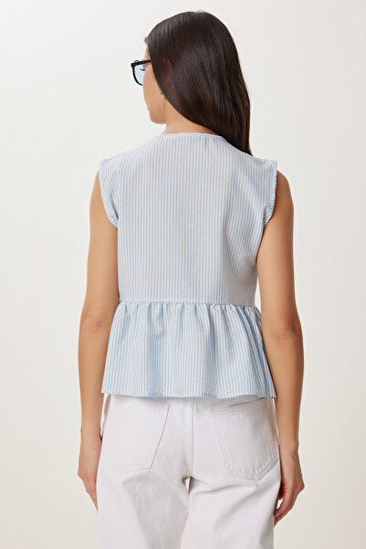 Happiness İstanbul Dámská nebesky modrá kostěná proužkovaná halenka s detailem šněrování DD01358