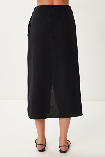 Happiness İstanbul Women's Black Asymmetrical Linen Skirt with Tie Detail Bv00132