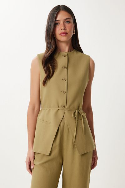 Happiness İstanbul Women's Khaki Tie Detailed Linen Vest Trousers Suit No00026
