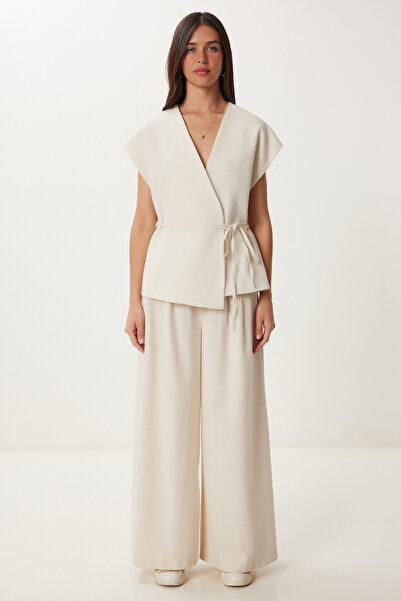 Happiness İstanbul Női krémszínű vászon mellény nadrág szett NO00020