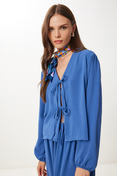 Happiness İstanbul Női indigó kék fűzős részletek Ayrobin blúz szoknya szett DD01356