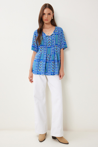 Happiness İstanbul Γυναικεία Μπλούζα Βισκόζης με Μπλε Πράσινο Σχέδιο DD01360