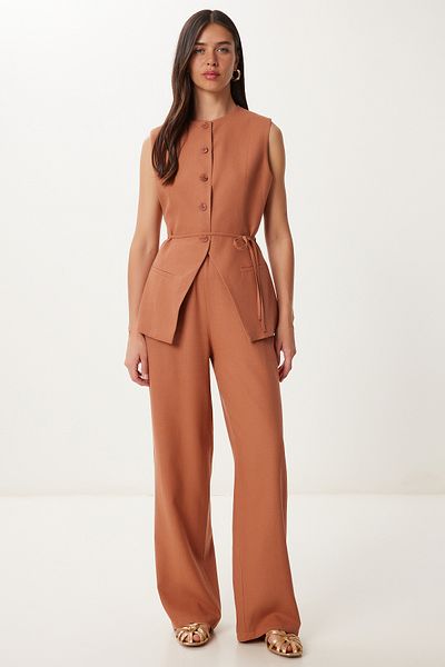 Happiness İstanbul Women's Tile Binding Detailed Linen Vest Pants Suit No00026