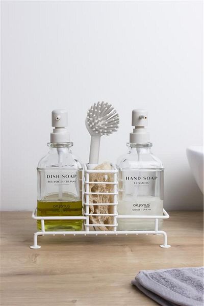 Okyanus Home White Pump Double Square Glass Liquid Soap Dispenser with Brush and Stand 500ml