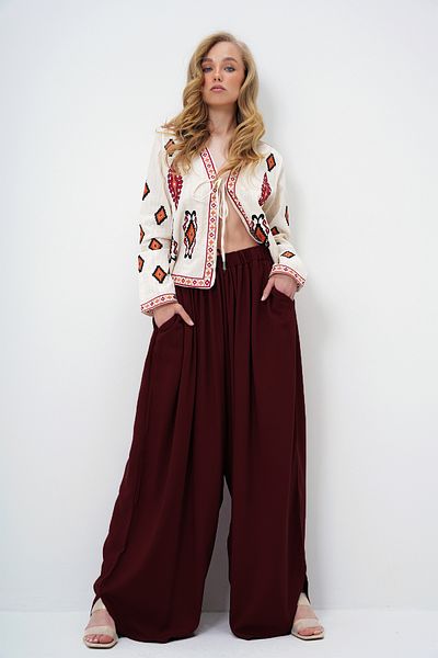 Trend Alaçatı Stili Women's Burgundy Double Pocket Flowy Loose Cut Woven Trousers Alc-X13879