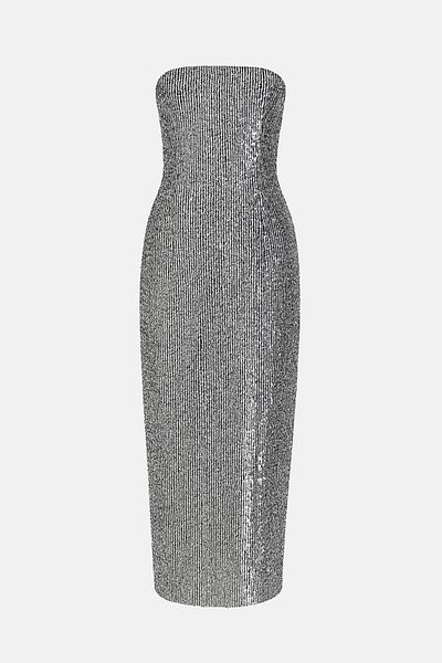 Trendyol Collection Flitrové stylové večerní šaty bez ramínek se stříbrným body Tpraw25El00161
